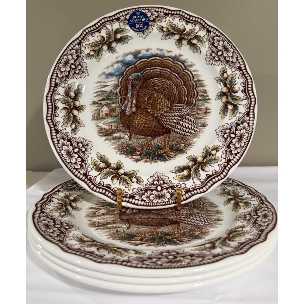 NEW 4 Royal Stafford Thanksgiving Brown Harvest Turkey Dinner Plates England